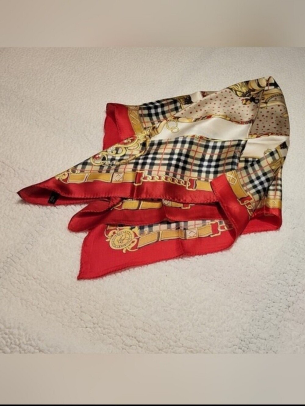 100% Silk Equestrian Chain Scarf / 32"x 32" / red, cream, tan